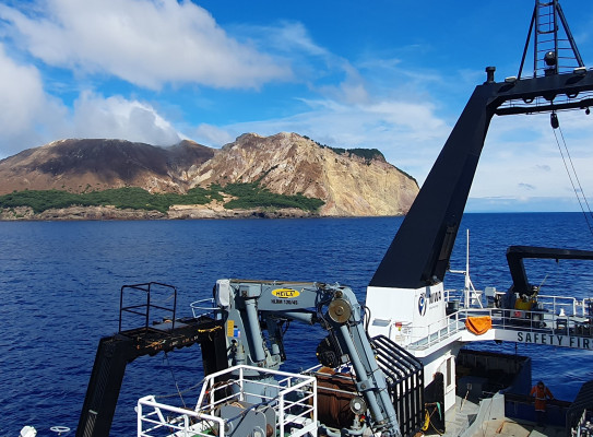 RV Tangaroa sails near Whakaari Island